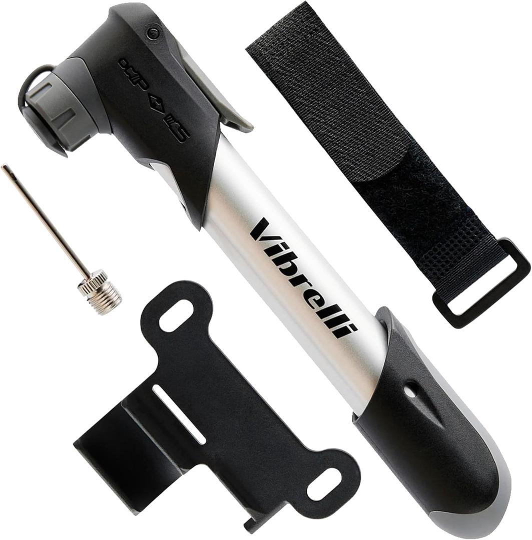 Vibrelli Mini Bike Pump - Presta & Schrader Bicycle Pump - 120 PSI Tire Pump for Road & MTB - No Valve Changing Needed (Silver)