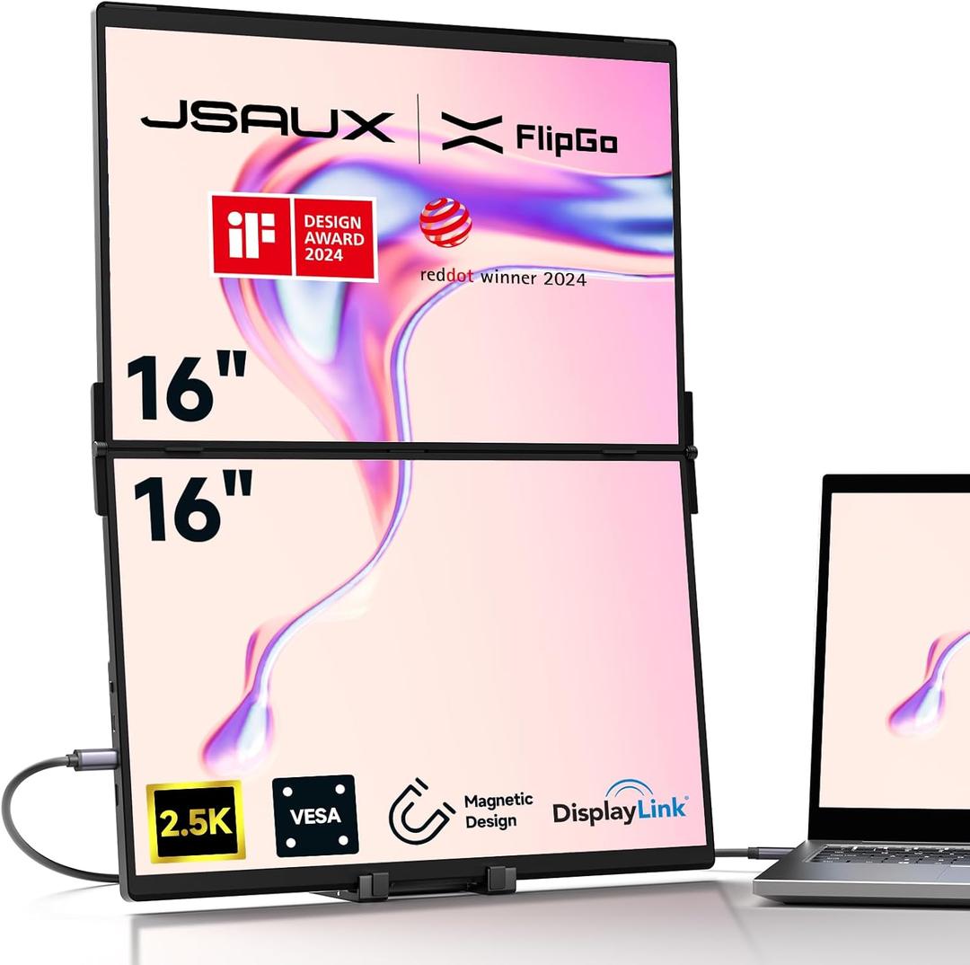 JSAUX FlipGo Pro 16" Dual Portable Monitors, 2.5K Triple Laptop Screen Extender, Portable IPS Dual-Screen Monitor for Laptop[Windows/Linux/MacOS] Magnetic Design/DisplayLink/One Cable to Dual/HiDPI