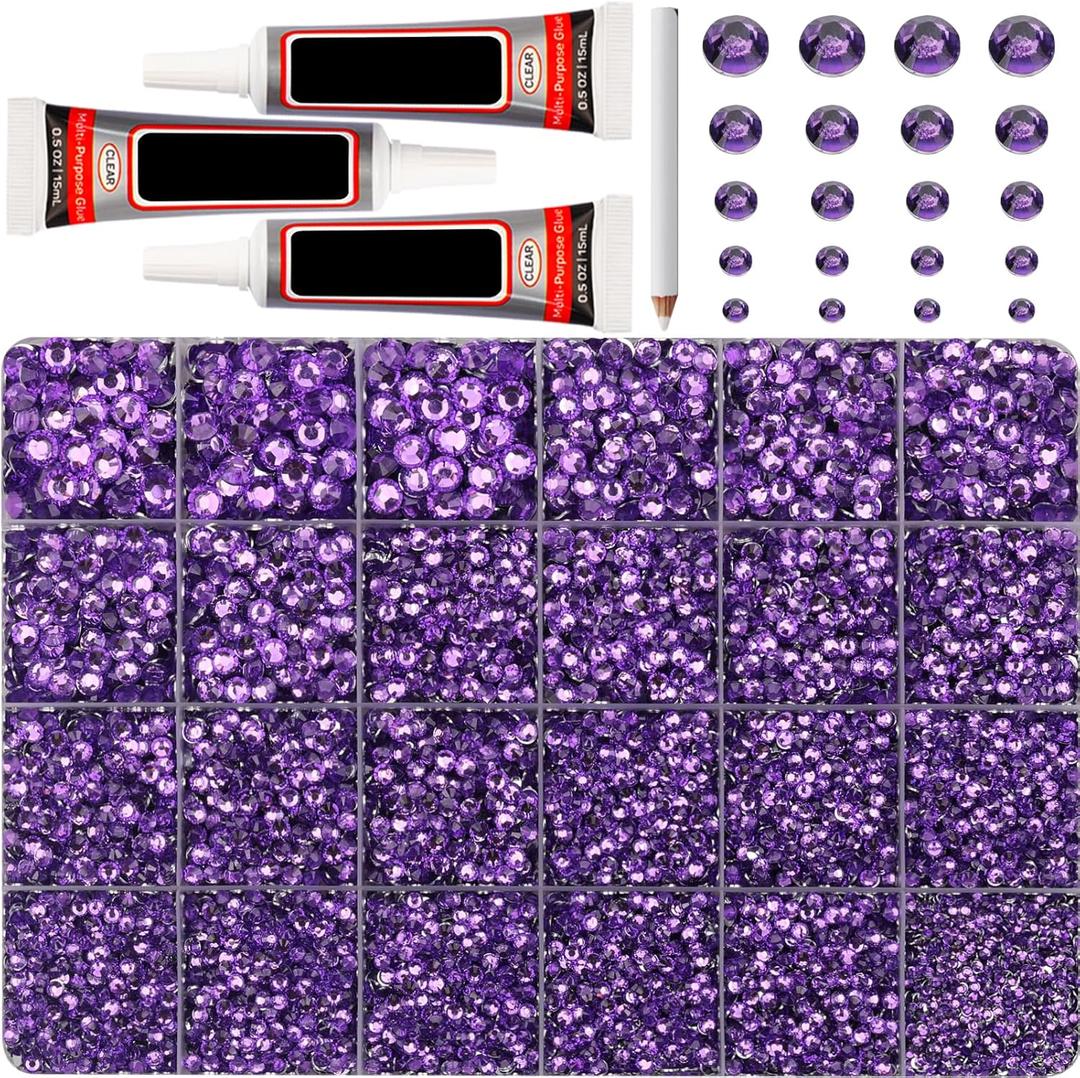32000Pcs Dark Lavender Rhinestones for Bedazzling, Resin 2,3,4,5,6mm Mix Sizes Flatback Bedazzler Kit Bulk Gems Diamonds Gemstones Jewels Stones Crystals with B7000 Glue for Crafting Crafts Clothes