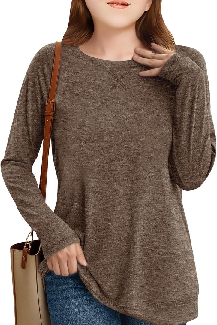 Girls Long Sleeve Shirts Cute Crew Neck Tshirts Kids Fall Back to School Tops Soft Clothes Size 10-12 (Brown)