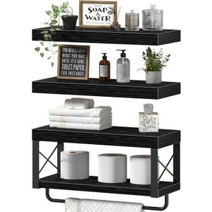 QEEIG Bathroom Shelves Over Toilet - Floating Shelf for Wall Toilet Paper Storage Farmhouse 16 inch Set of 3, Black (029-40B3)