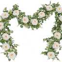 Dolicer 2Pcs 13Ft Artificial Eucalyptus Garlands with Flowers - 8 Roses, Faux Floral Greenery Garlands Fake Flowers Vines for Wedding Table Centerpieces Arch Party Ceremony Backdrop Decor (White Camellias)