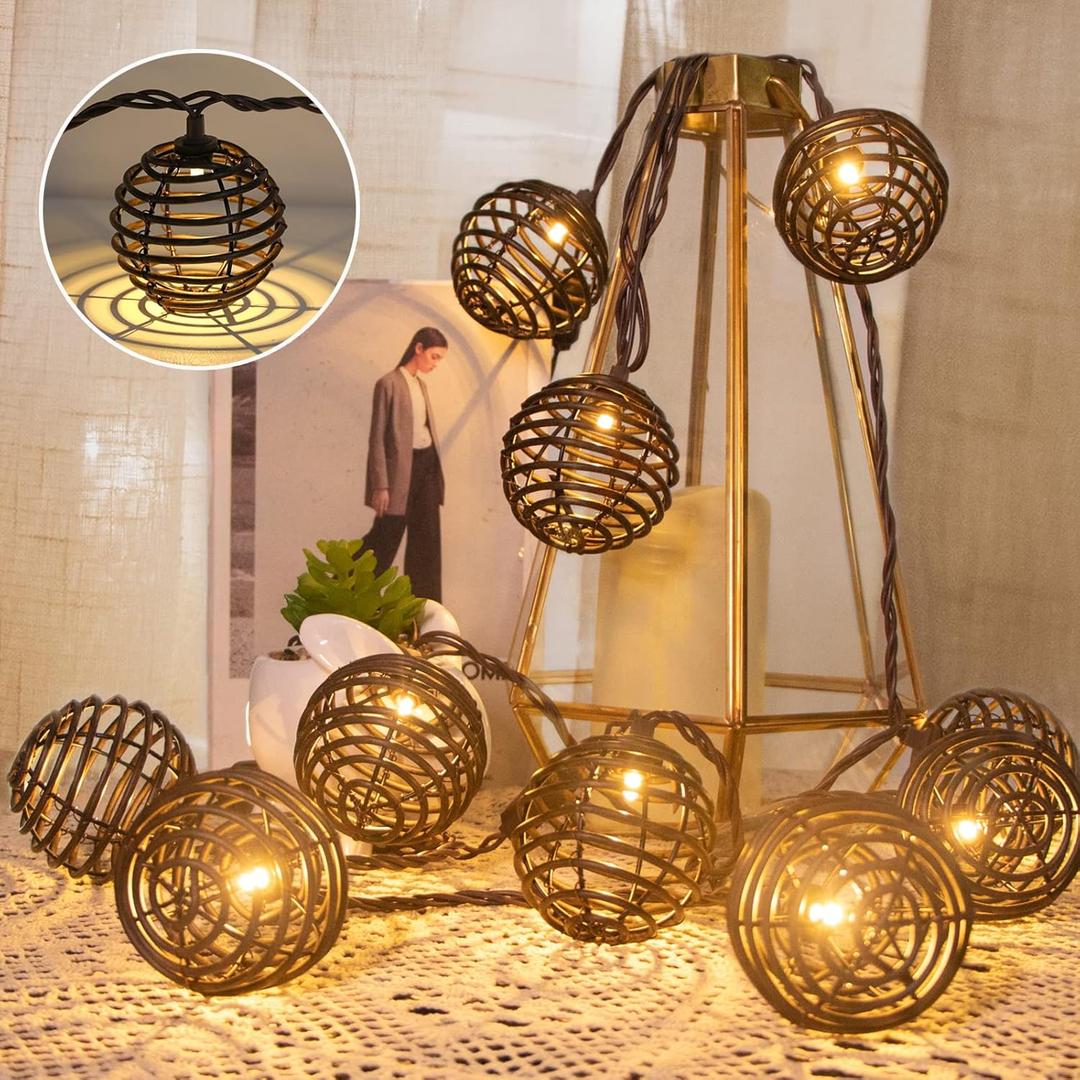 Decorative - Rattan Ball String Lights with 10 Led Bulbs Plug in Rattan Lantern String Lights for Patio Garden Backyard Party Decor,9.84FT