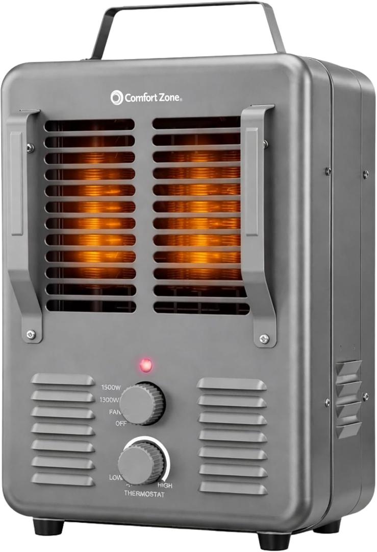 Comfort Zone Milkhouse Style Utility Space Heater with Adjustable Thermostat, Electric, Portable, 3-Prong Plug, Overheat Protection, & Tip-Over Switch, Ideal for Garage or Workshop, 1,500W, CZ798GR3 (Gray)