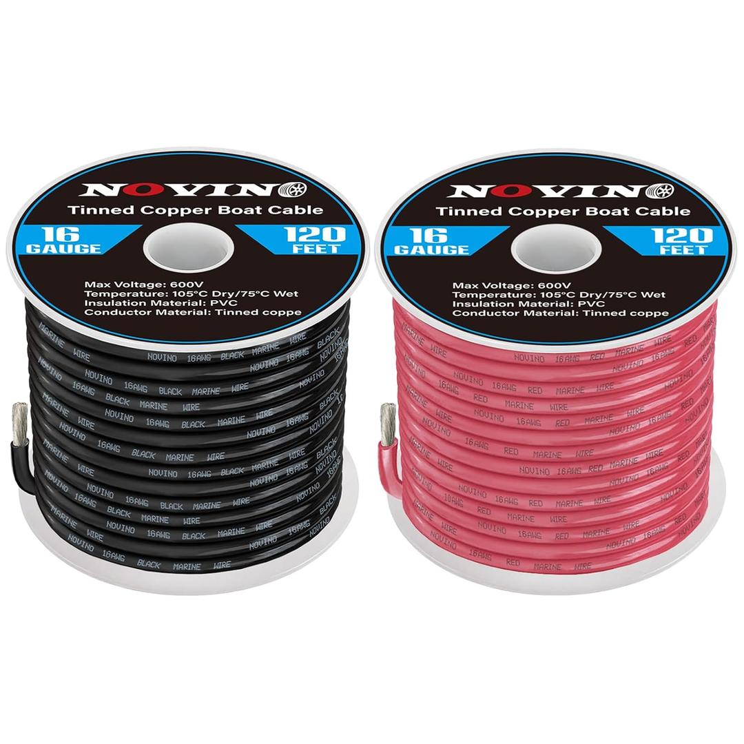 16 Gauge Marine Wire 16 AWG Marine Grade Wire Include 16AWG 120FT Red & 120FT Black,16 Gauge Tinned Copper Electrical Cable for Boat Automotive Speakers Lighting Solar Outdoor RV Camper Trailer