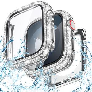 Goton 2-in-1 Waterproof Bling Case Compatible for Apple Watch Screen Protector 40mm 41mm 42mm 44mm 45mm 46mm Ultra 49mm Series 10 9 8 7 6 5 4 SE 2, Glitter Rhinestone Face Cover for iWatch Accessories (Silver)