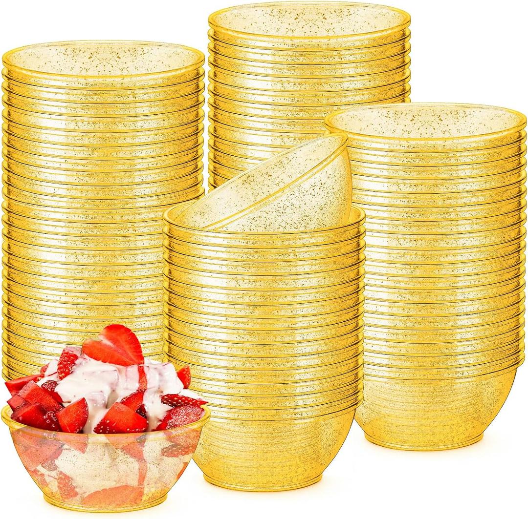 60Pack Clear Mini Plastic Bowls 6 Oz Disposable Premium Glitter Hard Salsa Dessert Ice Cream Candy Fruit Bowls for Serving, Weddings, Catering, Parties (Gold)
