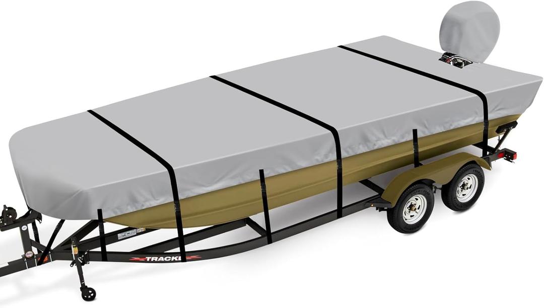 Jon Boat Cover 14 ft, 900D Heavy Duty Trailerable Waterproof Jon Boat Cover 14 Foot with Motor Cover, Marine Grade Canvas,Gray (B Fits 14ft Length, Beam Width up to 70'')