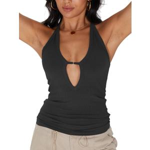 Albe Rita Women Racerback Tank Tops Basic Sexy Summer 2025 Deep V Neck Going Out Slim Fit Shirts (Black)