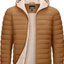 TACVASEN Men's Puffer Jacket Hooded Sherpa Lined Water Resistant Windproof Insulated Jacket Warm Winter Puffy Coat (Large, Light Brown)