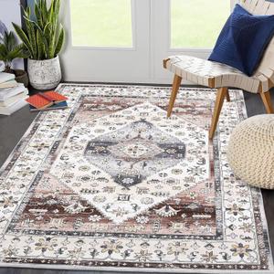 COZYLOOM Washable Rug 9x12 Area Rugs for Living Room Vintage Rug Non-Slip Boho Soft Bedroom Rugs Low Pile Non-Shedding Floor Cover Faux Wool Large Farmhouse Rug for Dining Room Playroom Office Brown (9x12 Feet)