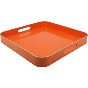 Orange Square Decorative Tray with Handles, 13"*13" Versatile Serving Tray for Coffee Table, Ottoman, Ideal for Serving, Displaying, Organizing