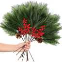 Giegxin 12 Pcs 19.7'' Artificial Large Long Needle Pine Branches with Pinecones and Red Artificial Berry Stems Fake Foliage Pine Needles Picks for DIY Christmas Home Garden Craft Holiday Season Decor