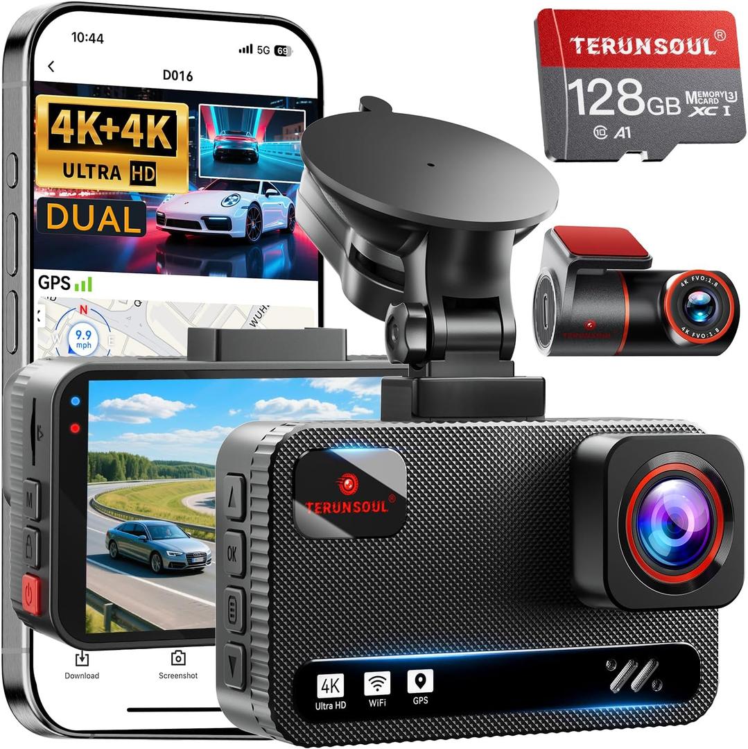 TERUNSOUl 4K+4K Dash Cam Front and Rear, Free 128GB Card Included, 5.8GHz WiFi Dash Camera for Cars, Built-in GPS, G-Sensor, 170°Wide Angle, 3" IPS Screen, 24H Parking Mode, Support 512GB Max