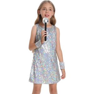 Happy Cherry Sequin Dress for Girls Sparkly Sleeveless Holiday Prom Concert Party Outfit with Glitter Microphone Prop, 8-9 Years, Silver