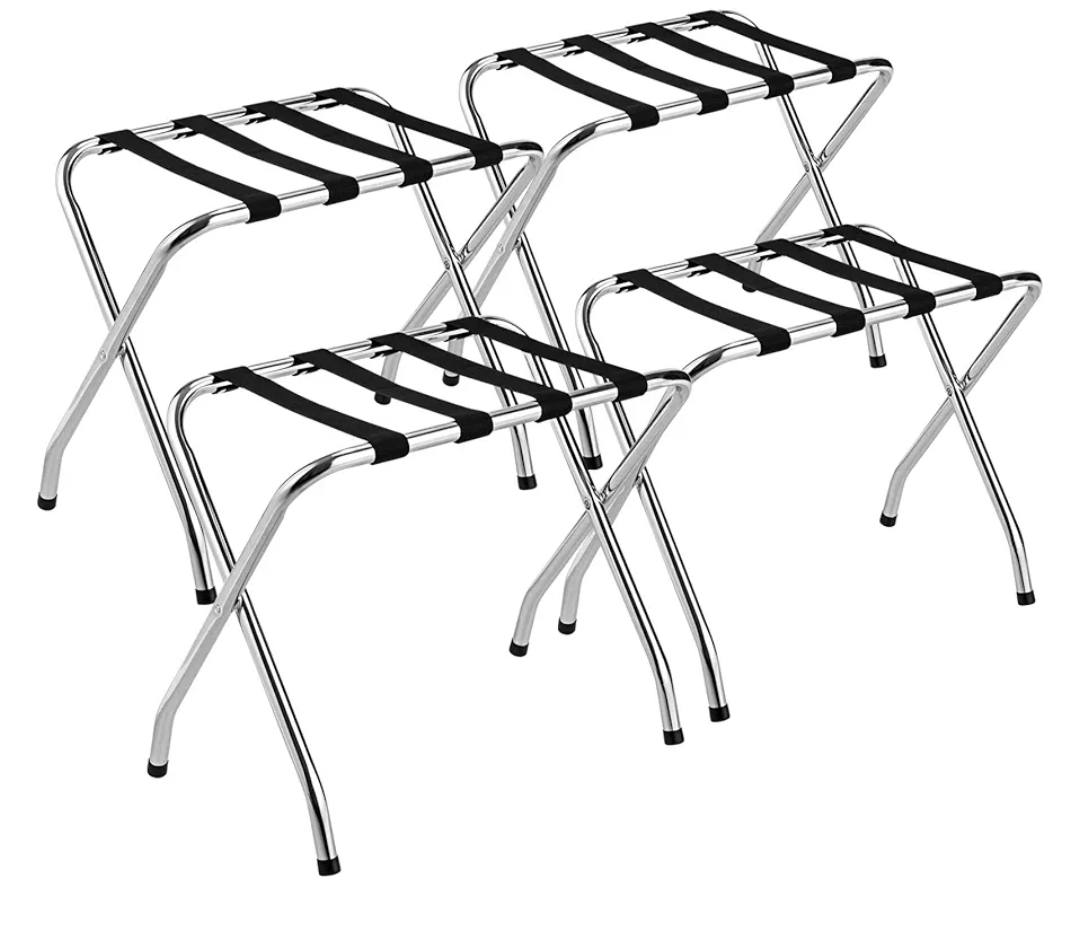 Chrome Luggage Rack for Guest Room, No Assembly Required, Folding Metal Suitcase Stand with Nylon Belts, for Home Bedroom Guest Room Hotel, Luggage Rack, Silver (4)