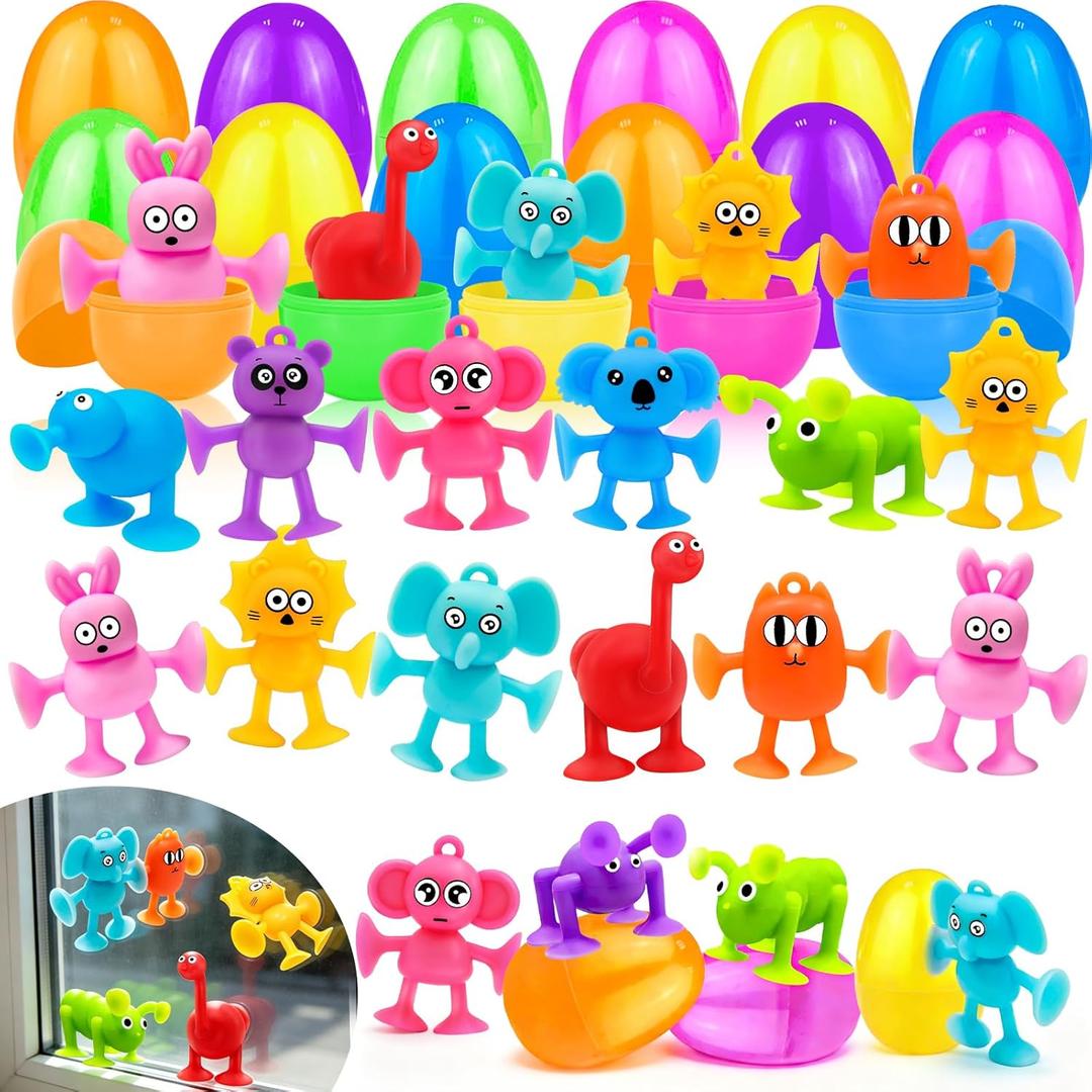 AMENON 24 Pack Large Prefilled Easter Eggs Animals Suction Cup Toys Easter Basket Stuffers Fidget Stress Relief Window Bath Toys Filled Surprise Egg Party Favors Kids Toddler Gifts Hunt