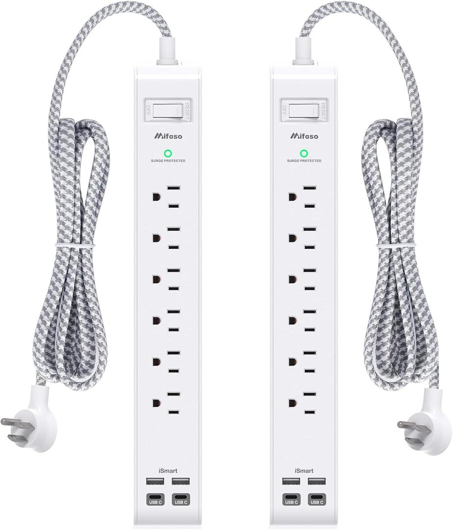 2 Pack Power Strip, 12FT Long Extension Cord, Surge Protector with 6 Outlets and 4 USB Ports (2 USB C), Flat Plug Overload Protection, Extension Cord 10+ ft, Wall Mount for Home Office Dorm College