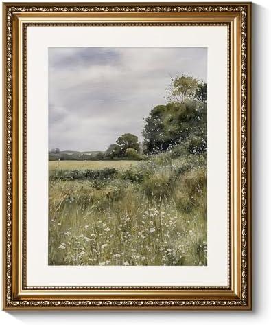 ARPEOTCY Vintage Gold Framed Wall Art, 13x16 inch Farmhouse Meadow Landscape Country Paintings Home Decor, Moody Rustic Victorian Wall Decor for Living Room, Canvas Prints Antique Pictures Frame (The Frame Is Damaged)