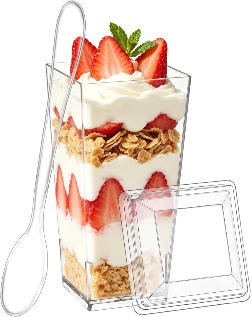 SHOPDAY 3 oz Mini Dessert Cups with Lids and Spoons 150 Pack, Small Plastic Dessert Cups for Party, Clear Square Cups for Parfait Yogurt, Shooter Cup Tumbler Cup for Appetizers Jello Mousse