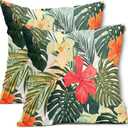 Hawaiian Pillow Covers 18x18 Inch Set of 2 Summer Tropical Palm Leaves and Floral Cotton Linen Decorative Throw Pillow Cases Monstera Flower Cushion Covers for Bedroom Living Room Sofa Chair Decor