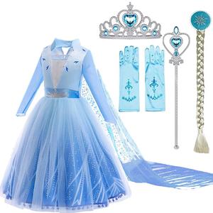 Elsa Costume Long Sleeves Princess Dress Queen White Costume Cosplay Dress Up with Accessories Halloween (3-4 Years, Sky Blue)