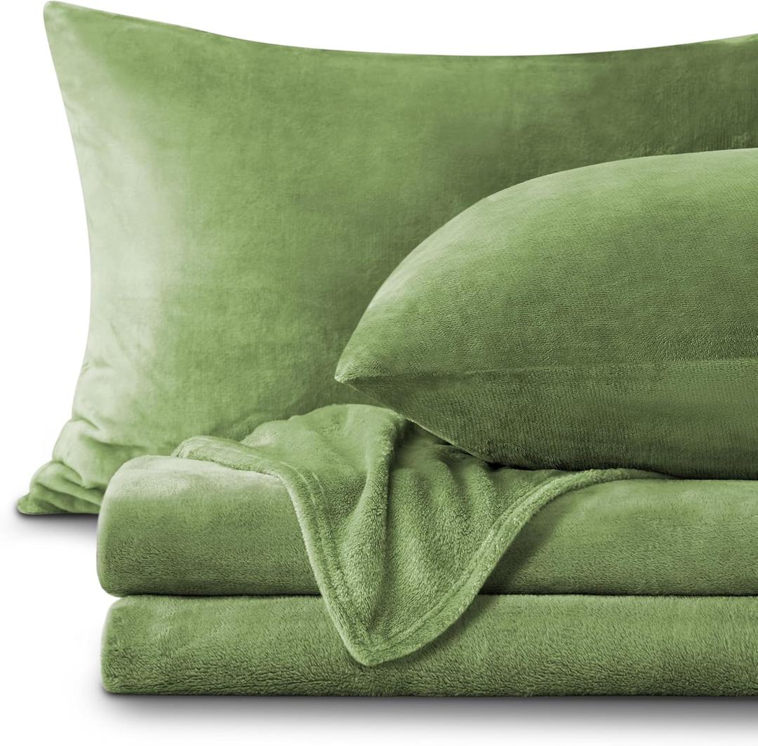 BEDELITE Flannel Sheets Queen Size Sage Green - Super Soft Fleece Sheets Set Fluffy Extra Plush, 4 Piece(Include Fitted Sheet, Flat Sheet, 2 Pillowcases)