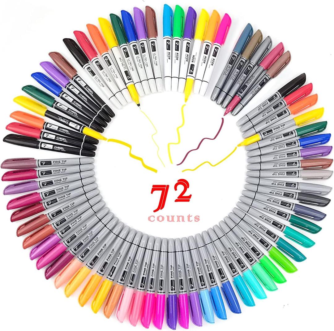 TOWON Permanent Markers 72 Assorted Colors - Waterproof Colored Pens Set 45 Fine Tip, 8 Ultra Fine, 8 Chisel Tip, 6 Neon, 5 Metallic Markers Home Office Store Supplies for Adults Coloring