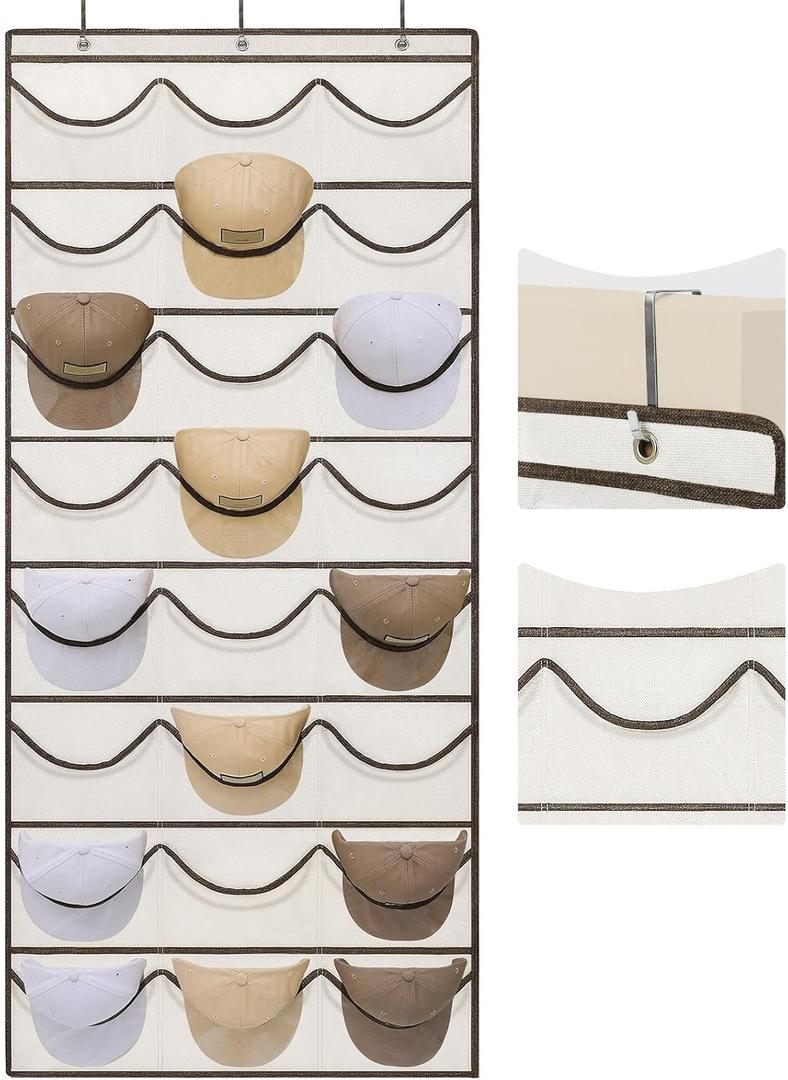 LoforHoney Home Hat Organizer for Baseball Caps with 24 Clear Pockets, Over The Door Hat Rack for Closet Wall to Display, Hanging Storage Cap Holder with 3 Hooks, Beige (Beige)