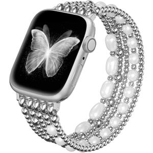 fastgo Silver Beaded Bracelet Band Compatible with Apple Watch Bands 44mm/45mm/42mm/49mm Women, Natural Pearl Beaded Elastic Stackable Strap for Iwatch Bands(Silver)