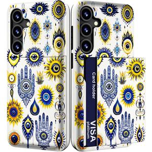 Compatible for Samsung Galaxy S24 & S25 Case Cute with Card Holder/Slim Slot Phone Cover for Women/Evil Eyes Collection Magical Religion Symbol Abstract Blue Yellow