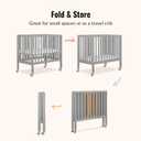 Dream On Me Jett Mini Folding Baby Crib in Pebble Grey, GreenGuard Gold & BSA, Lightweight & Portable, Patented Flat Folding System, Small Spaces & Travel, 1.5 Mattress Pad, 3 Heights, Safe Wheels