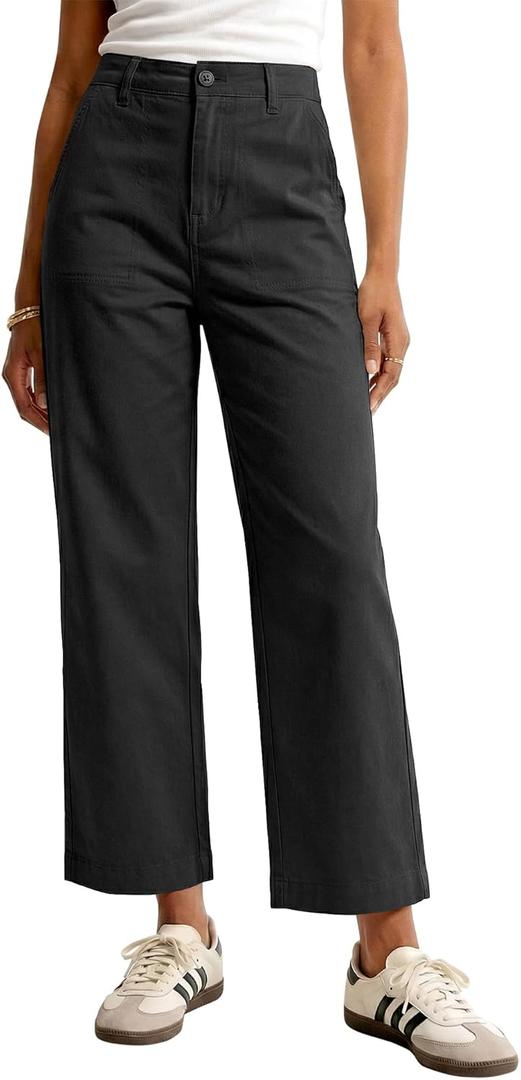 GRAPENT Wide Leg Pants for Women Cropped Chino High Waisted Business Casual Elastic Waist Work Trouser Pants with Pocket, S