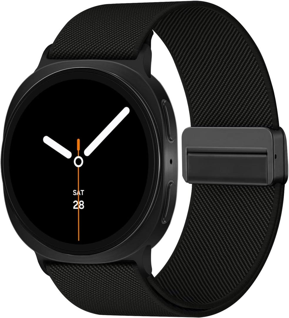 Stretchy Bands with Magnetic Clasp Compatible for Samsung Galaxy Watch 8 Band 40mm 44mm/Samsung Galaxy Watch 8 Classic Band 46mm, Nylon No Gap Sport Strap Wristbands for Men Women (Black)