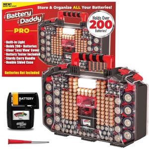 Battery Daddy Storage & Organizer Case w/Light and Tester, Stores & Protects Over 200 Batteries, Double-Sided, Clear Locking Lid, Secure Latches & Portable Handle- Black (Batteries Not Included)