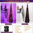 [Timer& Pumpkin] 5 Ft Black Tinsel Halloween Tree with 50 LED Orange Purple Lights, Pop Up Artificial Pencil Tree with Lantern Topper & 10 Jack-O Pumpkin Balls Ornaments for Halloween Decor Indoor