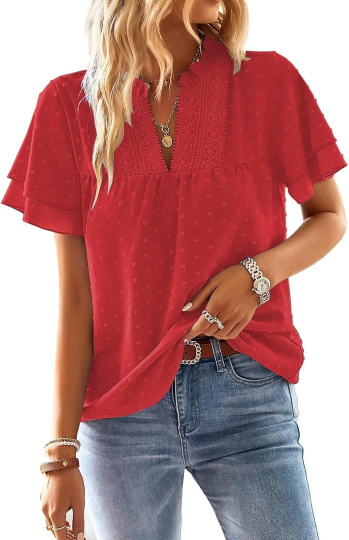 Falechay Womens Summer Tops Sexy V Neck Blouses for Women Dressy Casual Cute Going Out Short Sleeves Shirt Tunic Ruffle Sleeve Swiss Dot Top Bohemian Teacher Shirts Flowy Peasant Shirt, Red, L