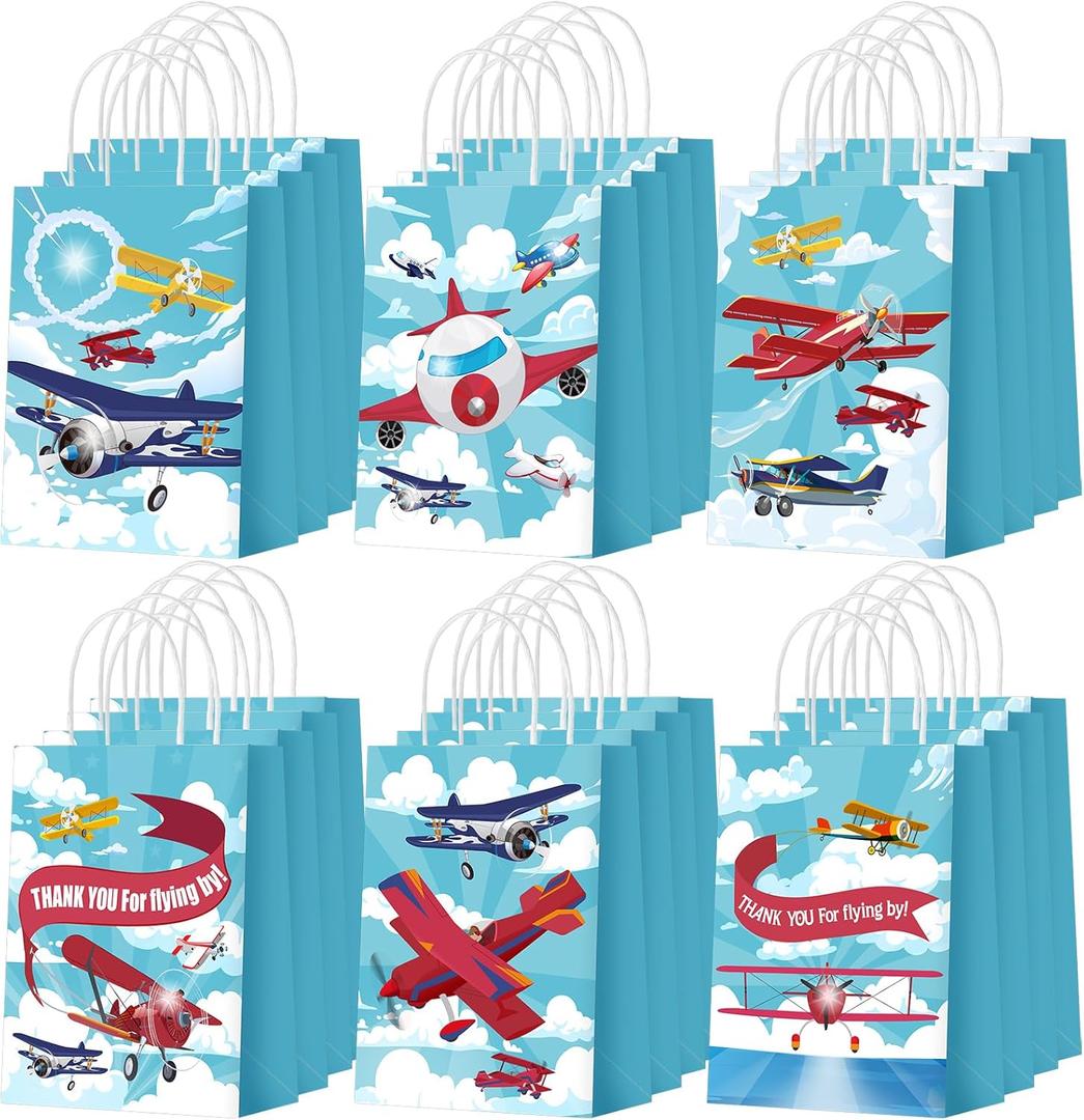 Outus 24 Pcs Airplane Party Favor Bags Paper Airplane Goodie Bags Plain Gift Pouch Blue Aircraft Candy Treat Pouch with Handles for Birthday Party Decorations Supplies