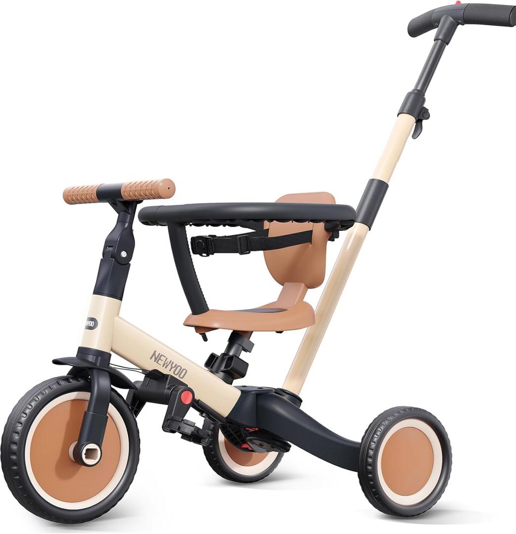 Newyoo TR008 5 in 1 Toddler Tricycle with Push Handle for 1-3 Year Old Boys and Girls, Kids Push Trike with Safe Bar, Toddler Bike, Convert to Balance Bike, Birthday Gifts and Toys for Baby, Cream