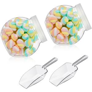 Umigy 2 Sets Plastic Candy Jar with Mini Plastic Scoop 42 oz Clear Cookie Jars with Lids Candys Container Airtight Storage Organization for Candy Buffet Wedding Home Kitchen Counter