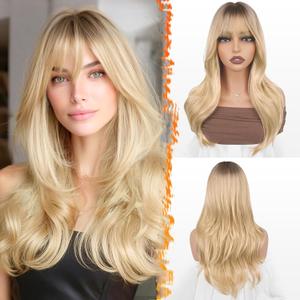 BARSDAR Ombre Blonde Layered Wig with Bangs - 20 Inch Blonde Ombre Layered Wig with Dark Roots for Women - Natural Looking Soft Wavy Synthetic Sabrina Wigs Layers Haircut Fringe Daily