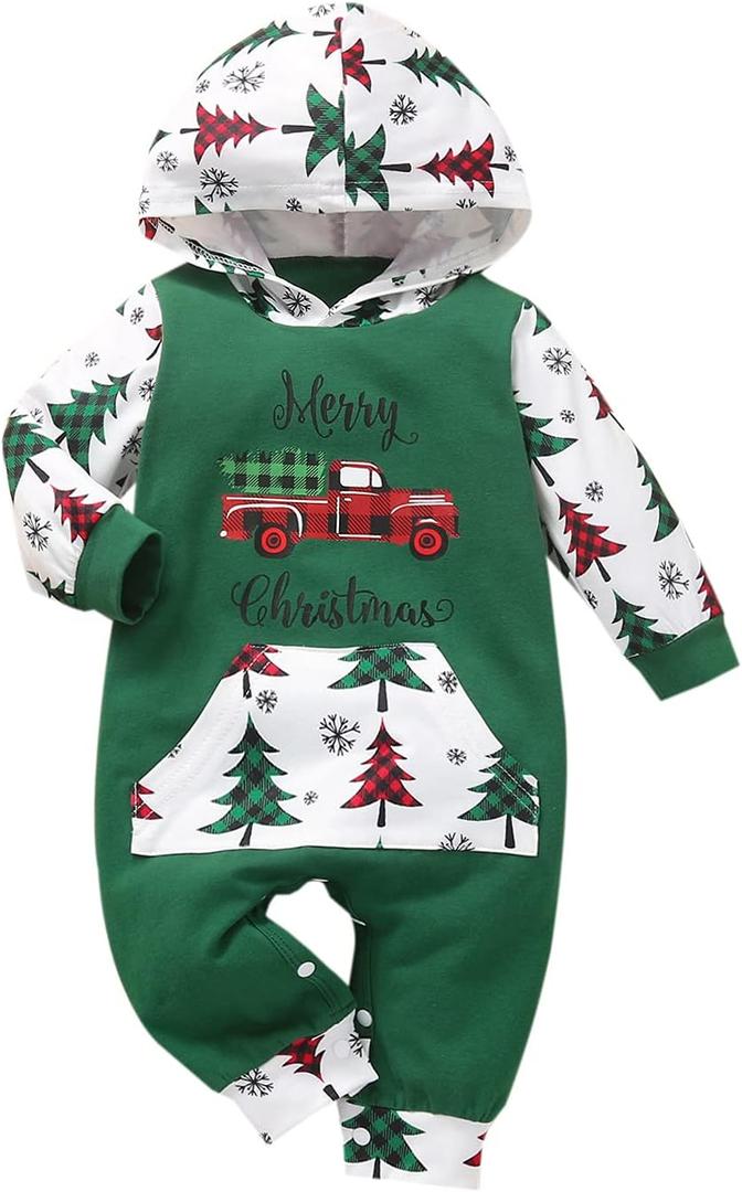 Noubeau My First Christmas Baby Girl Boy Outfit Car Truck Long Sleeve Pocket Hooded Romper Jumpsuit Xmas One Piece Clothes (Green)