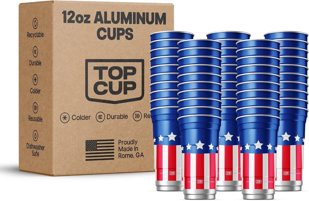 Top Cup Americana Cup | 12 oz Reusable Aluminum Party Cups 50 Count | Durable, Reusable & Recyclable, Made in USA, 12oz - 50pk