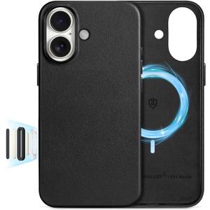 SHIELDON Genuine Leather Case for iPhone 16 6.1", [Camera Button Updated], Compatible with MagSafe, Magnetic Wireless Charging/Anti-Scratch/Shockproof/Metal Button/Camera Bump Frame/Slim Cover - Black
