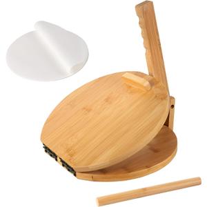 Wooden Tortilla Press 10 Inches with Rolling Pin & 50 Pcs Parchment Paper Mexican Tortillera Presser Homemade Tortillas Roti Pataconera Dough Press