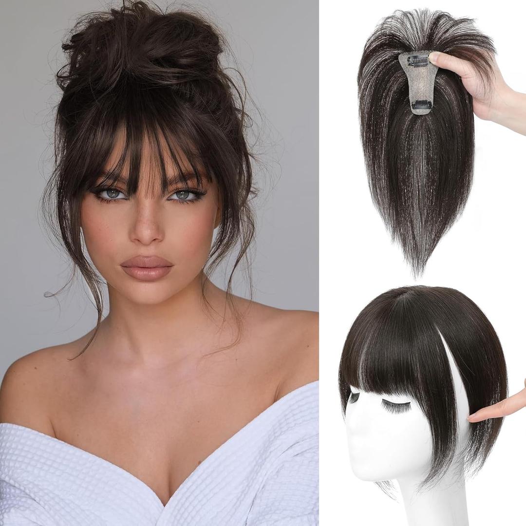 Hair Toppers for Women with Bangs 100% Human Hair 3603D Cover Fake Bangs Hair Topper with Thinning Newly Upgraded Realistic Scalp with Hairpieces for Daily Wear(Brown Black) (Bangs-9 Inch)