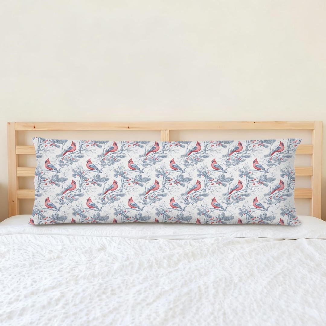 Blue and White Chinoiserie Christmas Cardinal Body Pillow Pillowcase,Cardinal Gifts for Women,Grandmillennial Xmas Winter Bird Decorative Long Body Pillow Cover for Adults Women Men,20x54 Inches
