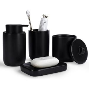 BosilunLife Ceramic Bathroom Accessories Sets - Black Bathroom Vanity Sets Accessories Soap Dispenser Toothbrush Holder Set, Soap Dish and Cotton Swab Jars, Bath Accessories Sets for Bathroom