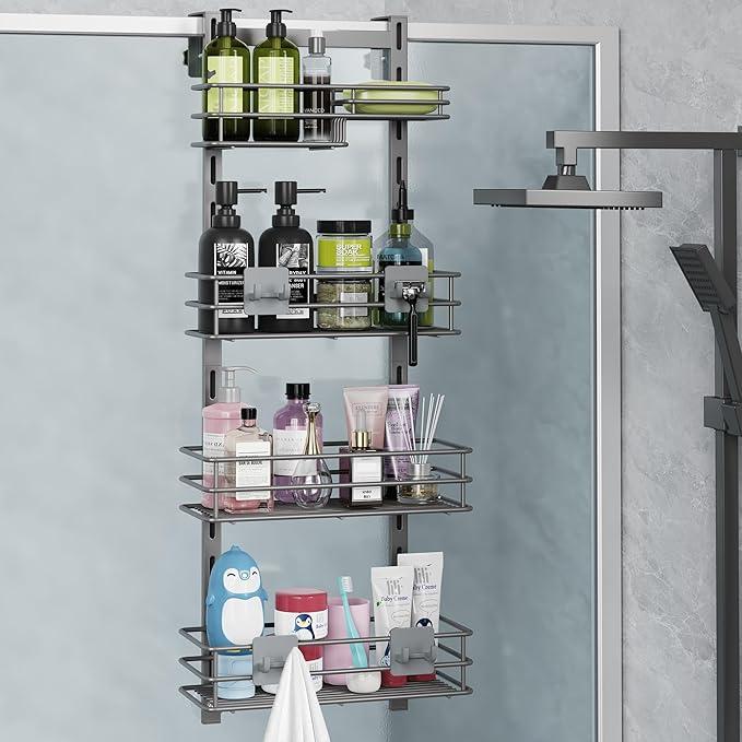 Orimade Over The Door Shower Caddy Adjustable 4 Tier Dark Grey,Bathroom Hanging Organizer Shelf Rustproof with 4 Hooks,Shower Basket with Soap Holder and Suction Cup