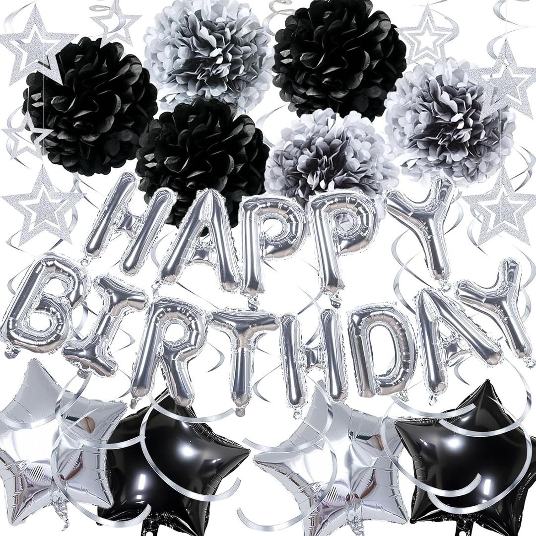 3 x Black and Silver Birthday Decorations for Men Women, Silver Happy Birthday Balloon Banner with Star Balloons, Paper Flowers, Hanging Swirls for Party Decorations